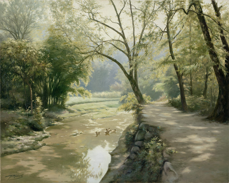 Landscape Oil Painting -Stream & Woodland Path: Ducks, Trees & Soft Light