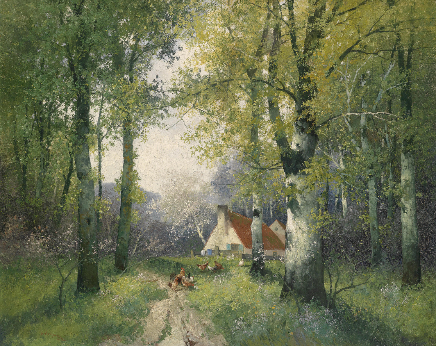 Landscape Oil Painting - Woodland Cottage, Chicken Flock, Dirt Path