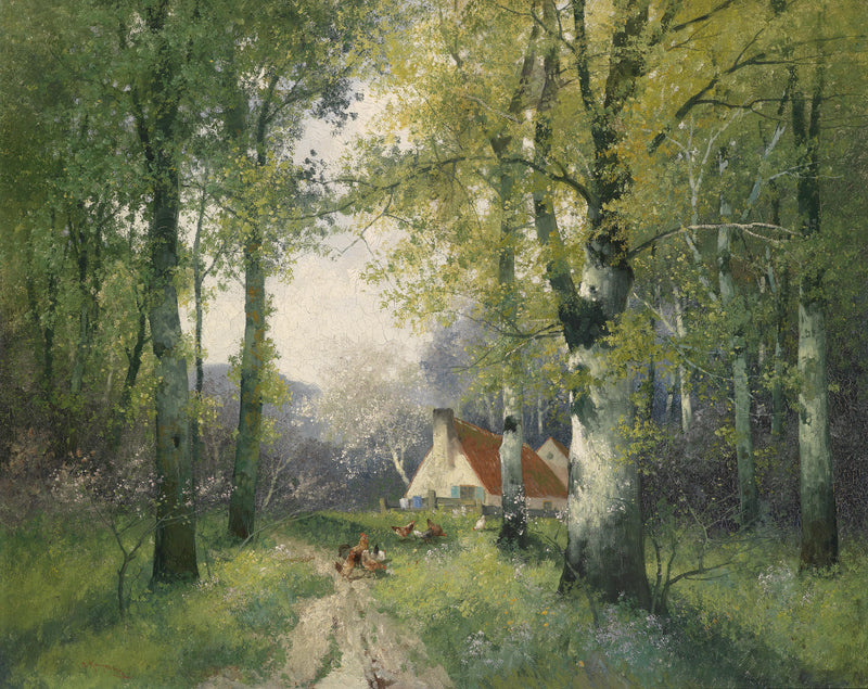 Landscape Oil Painting - Woodland Cottage, Chicken Flock, Dirt Path