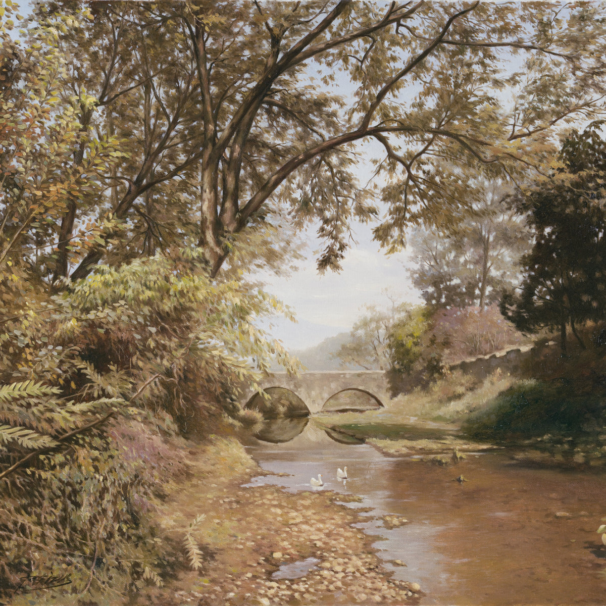 Landscape Oil Painting -Autumn Stream: Stone Bridge, Ducks & Canopy Trees