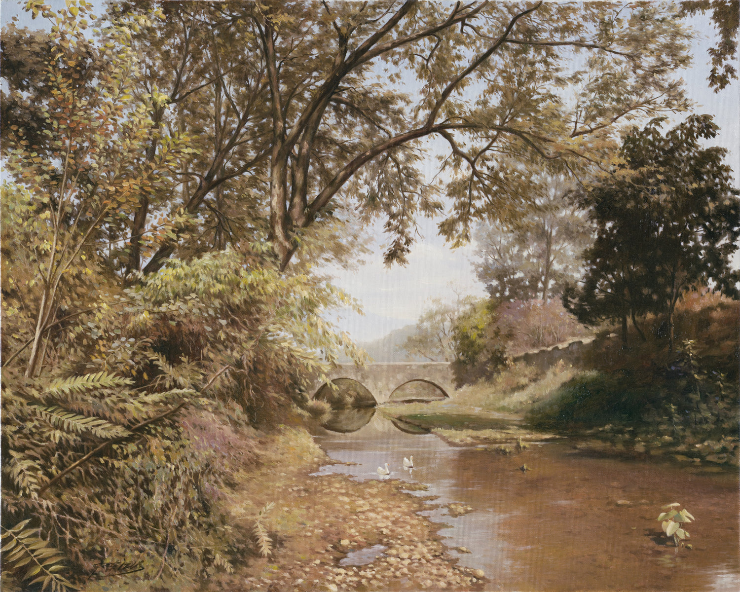 Landscape Oil Painting -Autumn Stream: Stone Bridge, Ducks & Canopy Trees
