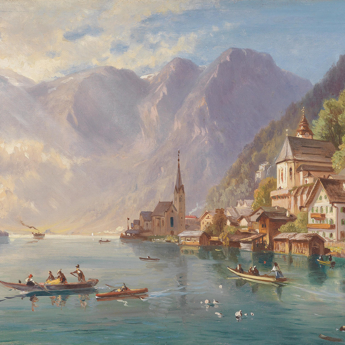 Alpine Lakeside Village | Hand-Painted Mountain Landscape Oil Painting