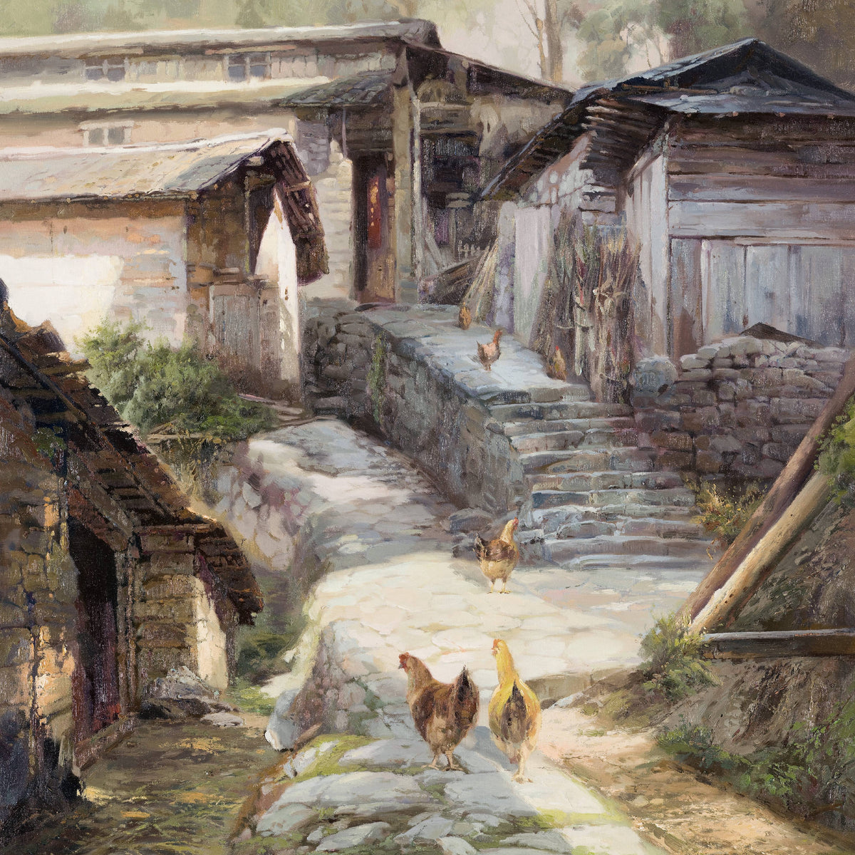 Landscape Oil Painting - Rural Alley, Old Cottages, Chickens & Stone Path