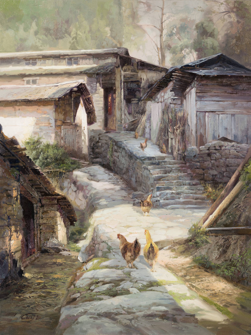 Landscape Oil Painting - Rural Alley, Old Cottages, Chickens & Stone Path