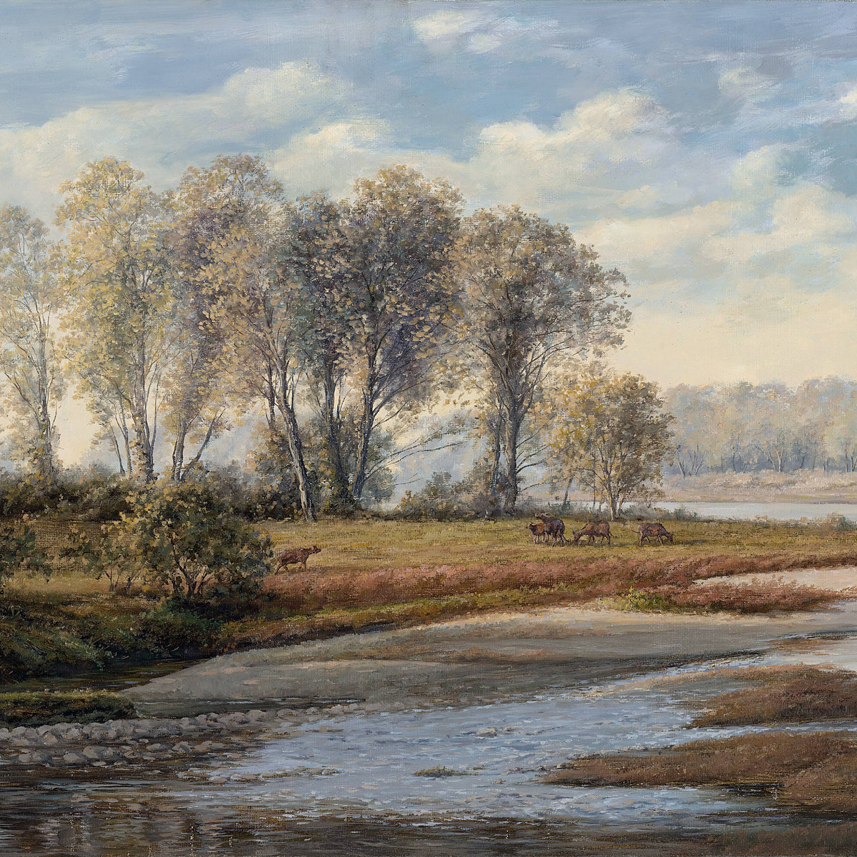 Landscape Oil Painting - Riverbank Autumn, Cattle, Trees & Calm Water