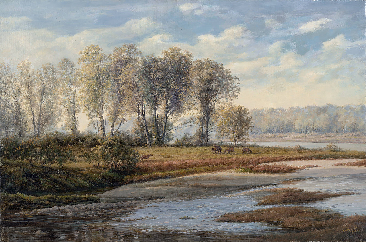 Landscape Oil Painting - Riverbank Autumn, Cattle, Trees & Calm Water