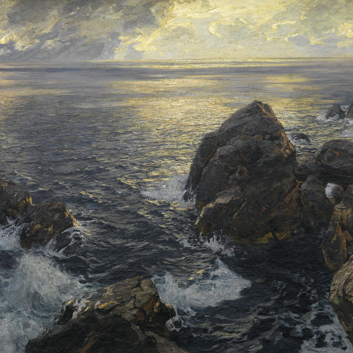 Landscape Oil Painting - Coastal Rocky & Crashing Waves, Golden Seaside