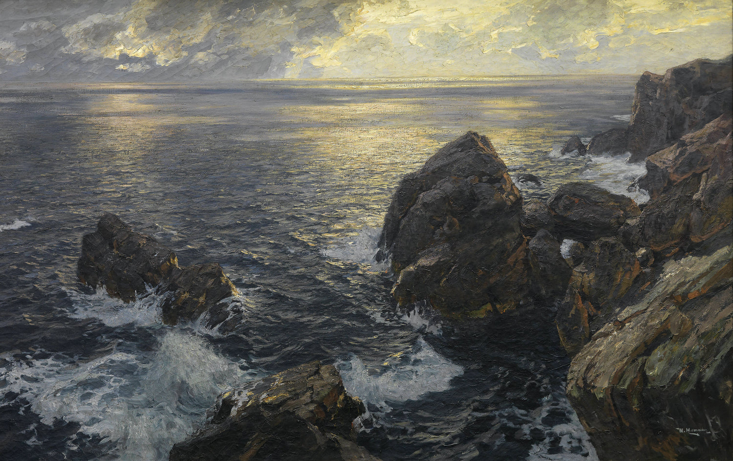 Landscape Oil Painting - Coastal Rocky & Crashing Waves, Golden Seaside