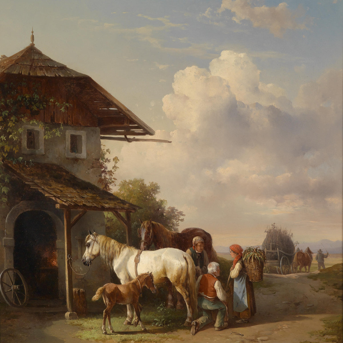 Landscape Oil Painting - Rural Cottage & Horses, Figures, Village life