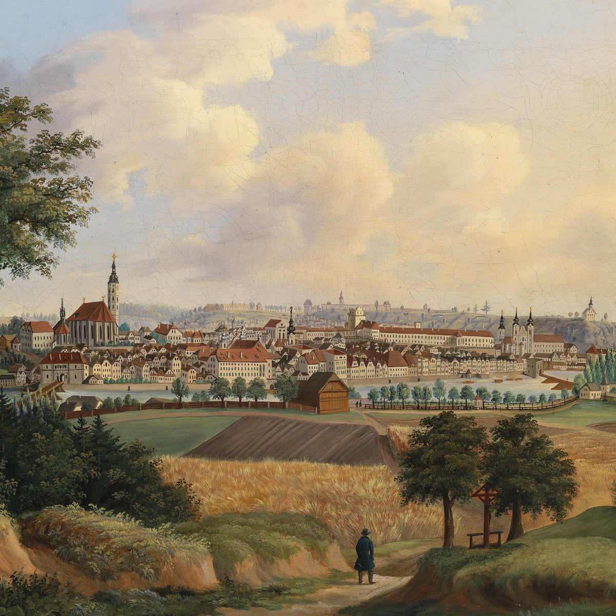 Landscape Oil Painting - European Town & Church Spires, Rural Fields