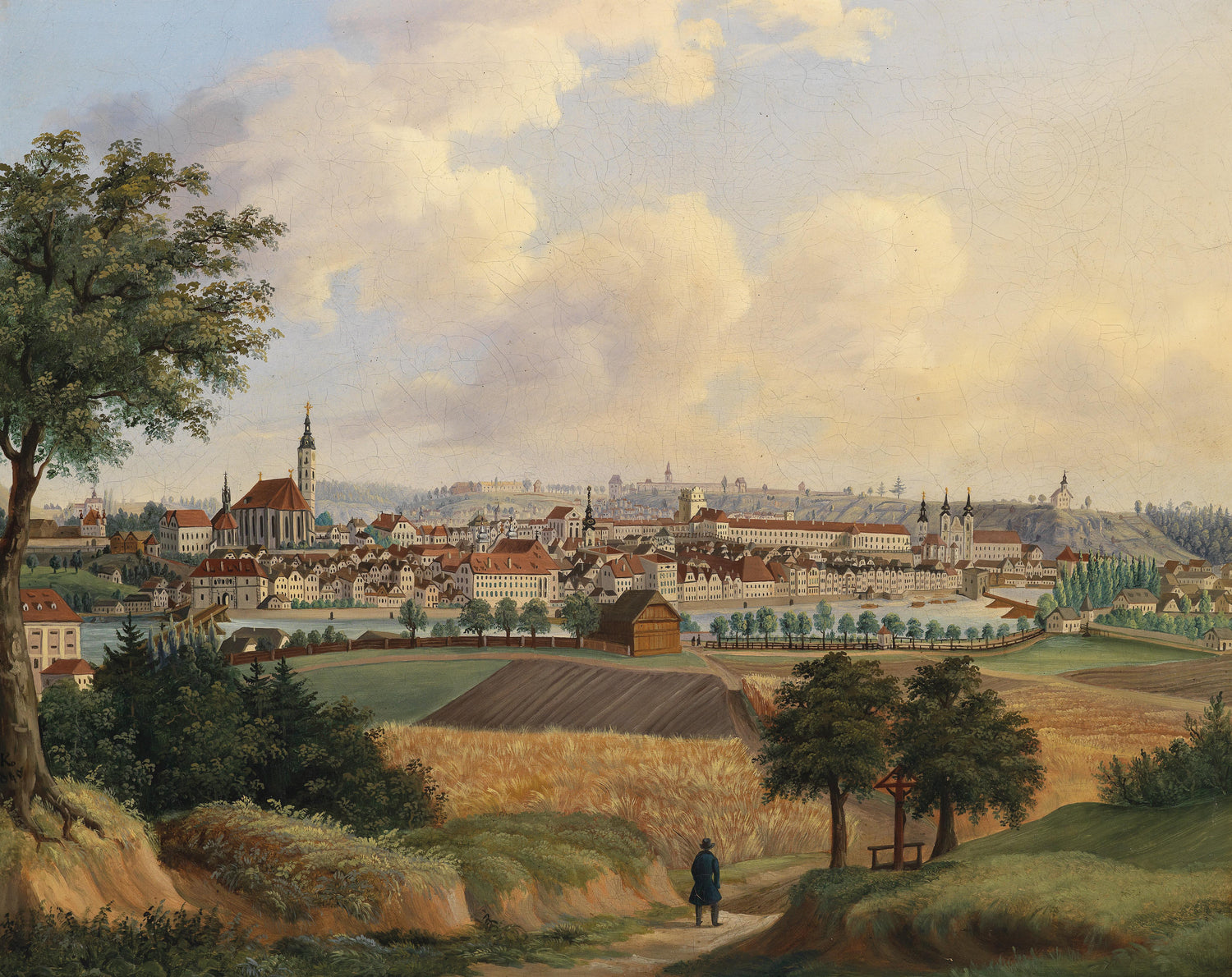 Landscape Oil Painting - European Town & Church Spires, Rural Fields