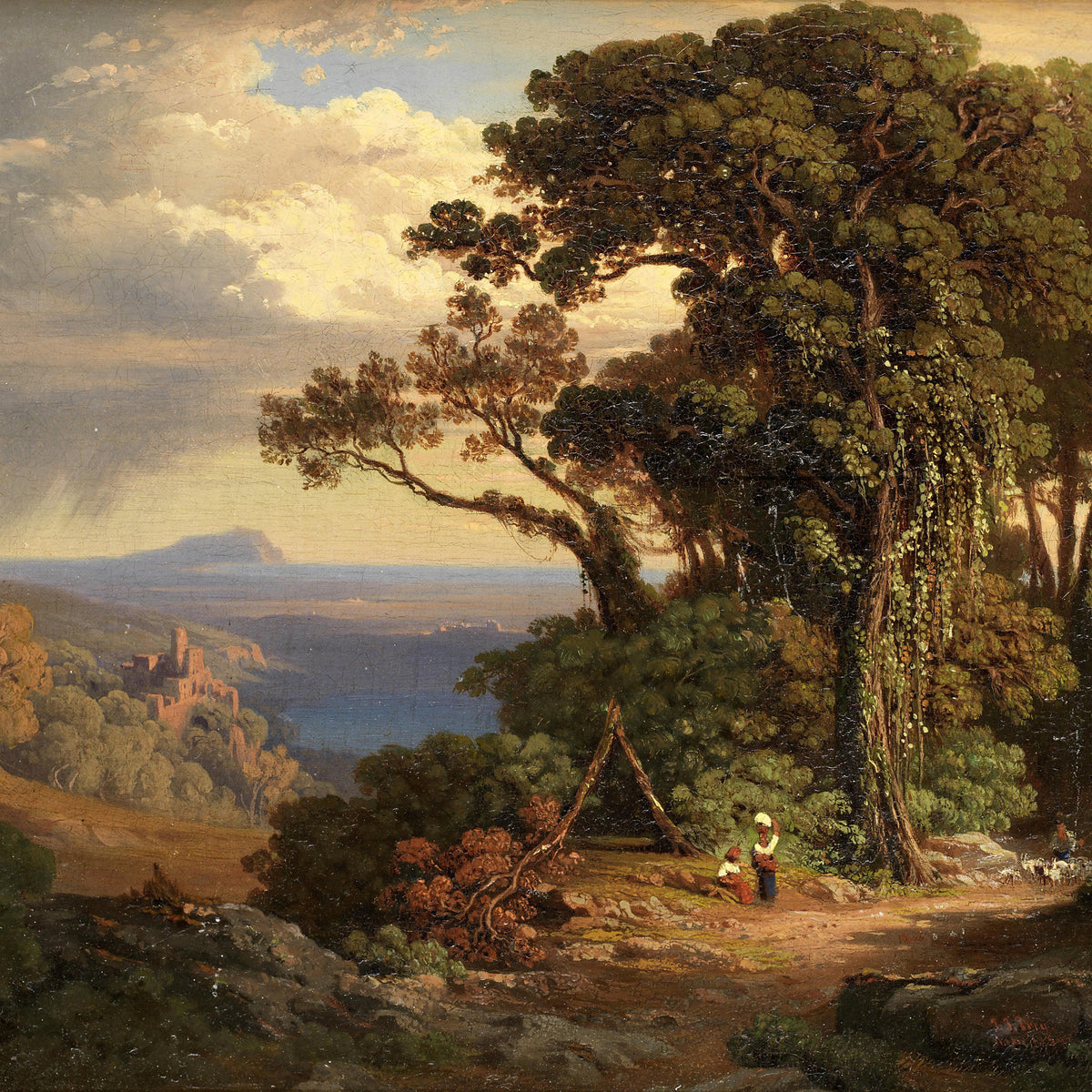 Woodland Path with Distant Ruins | Hand-Painted Landscape Oil Painting