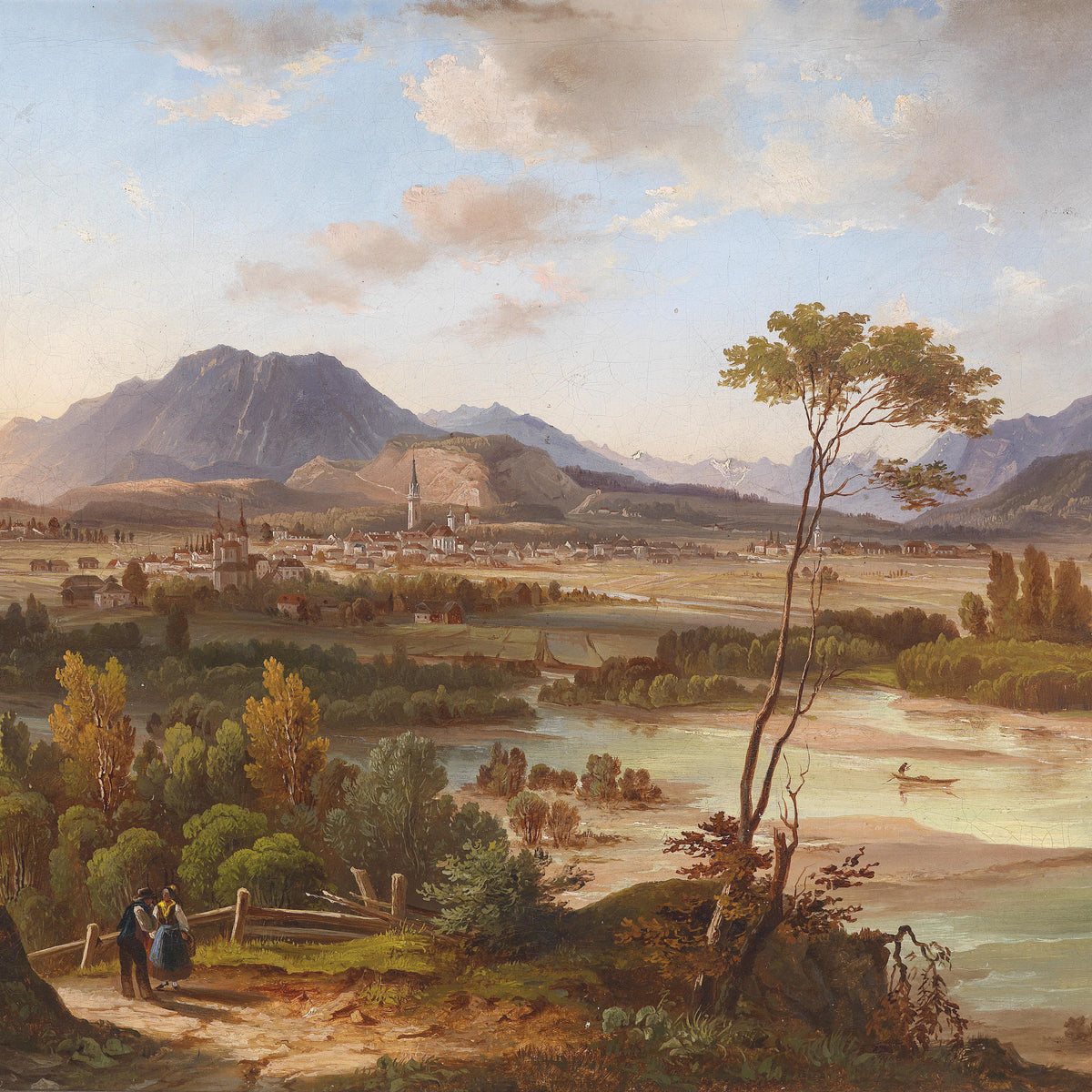 Landscape Oil Painting - Alpine Valley Town, River & Mountain Peaks