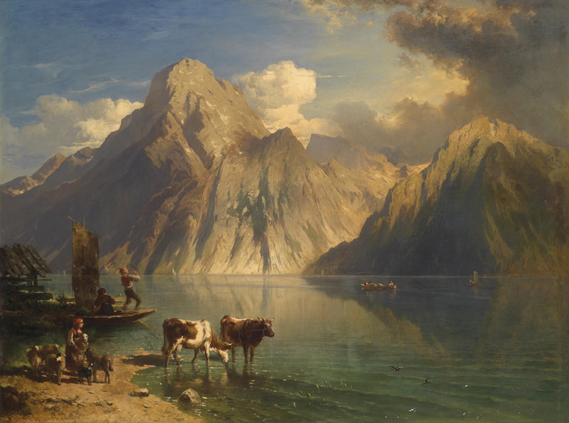 Landscape Oil Painting - Alpine Mountain Lake & Shore Cattle, Boats