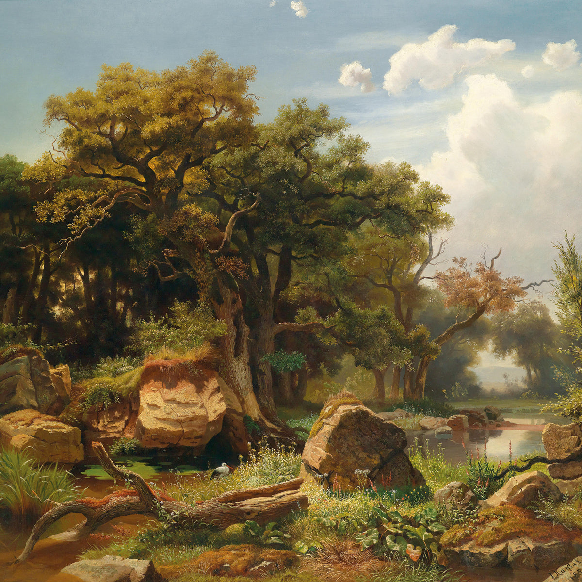 Forest Stream with Sunlit Oaks | Hand-Painted Landscape Oil Painting