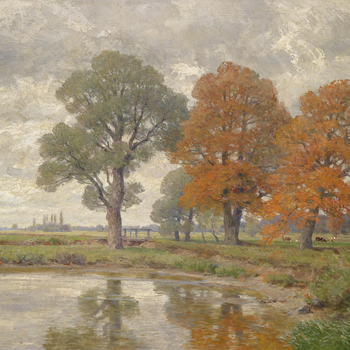 Landscape Oil Painting - Autumn Riverbank & Colorful Trees, Cattle