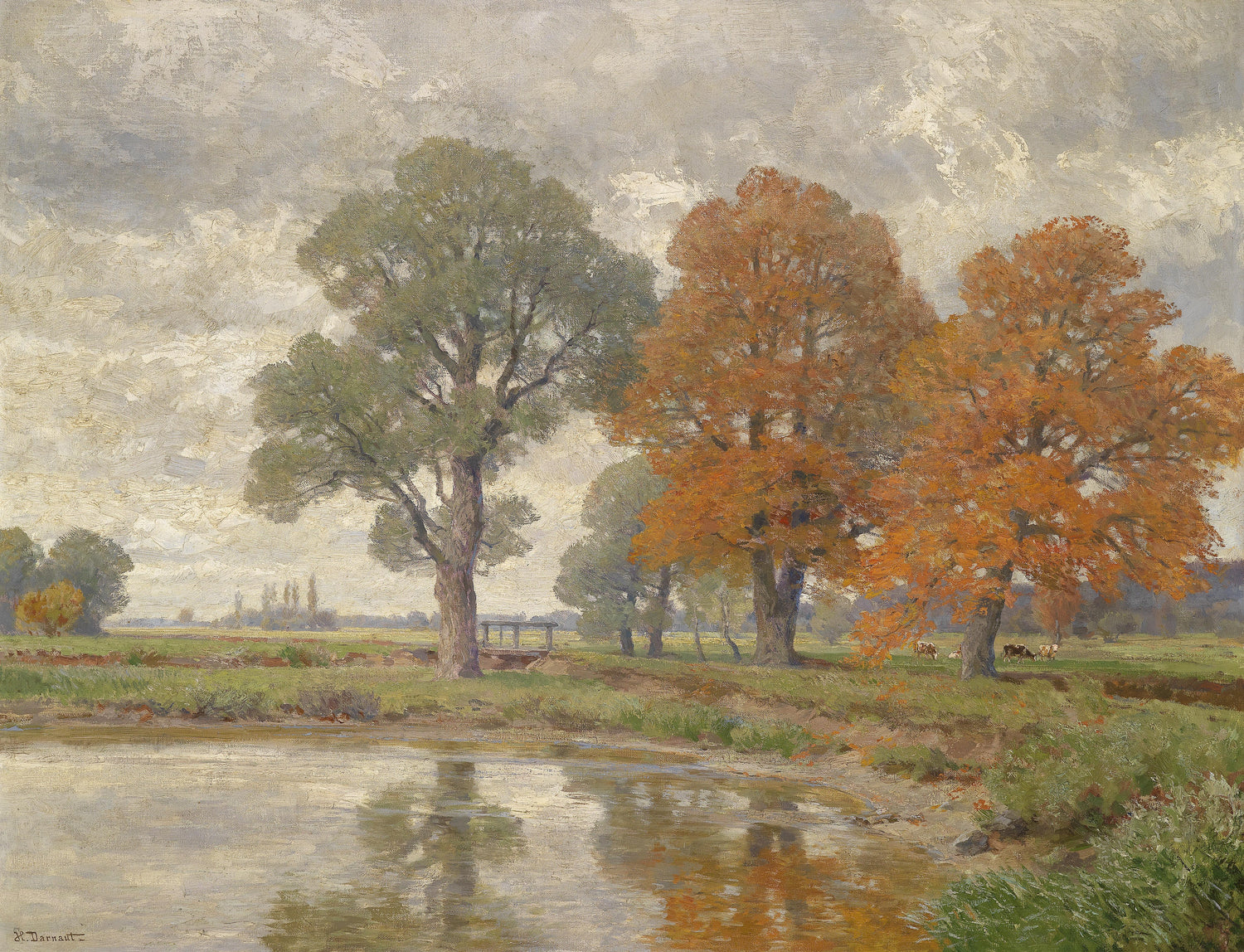 Landscape Oil Painting - Autumn Riverbank & Colorful Trees, Cattle