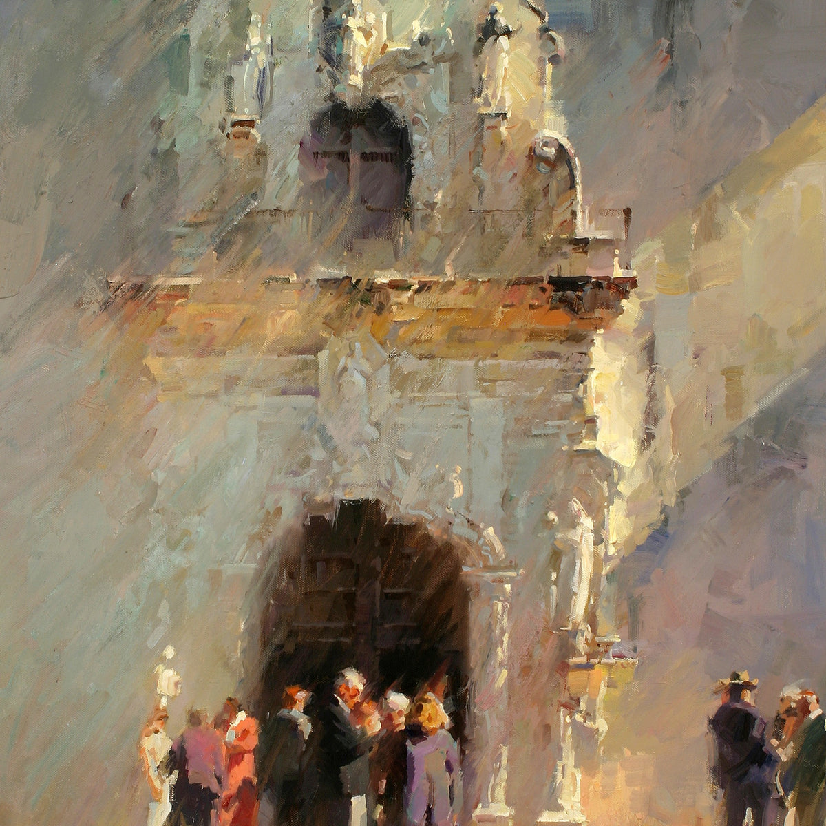 Landscape Oil Painting - Sunlit Cathedral Entrance with Figures