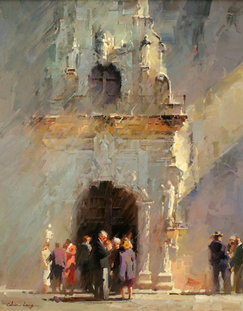 Landscape Oil Painting - Sunlit Cathedral Entrance with Figures