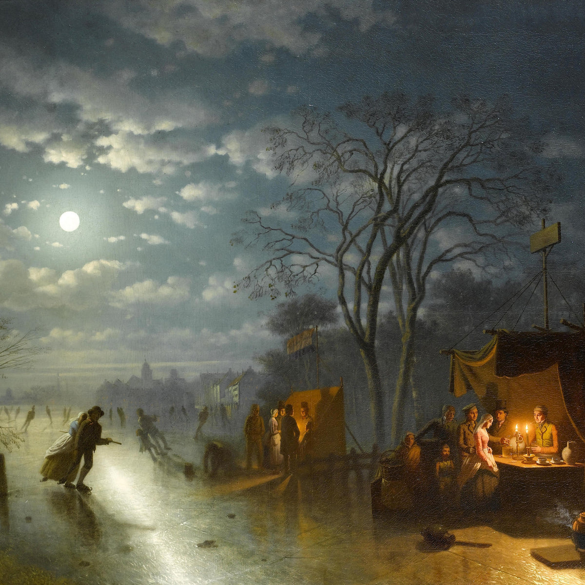 Moonlit Winter Fair | Hand-Painted Night Landscape Oil Painting