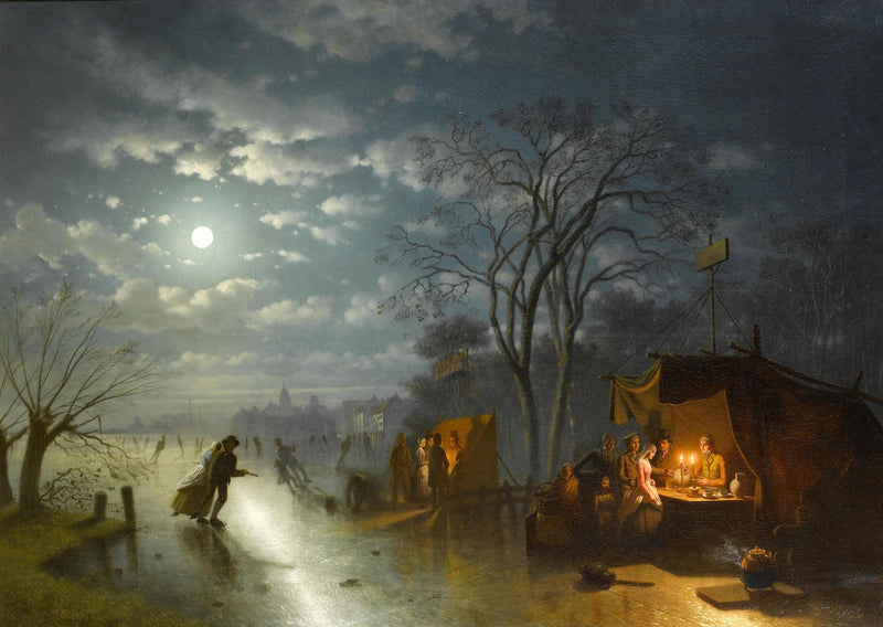 Moonlit Winter Fair | Hand-Painted Night Landscape Oil Painting