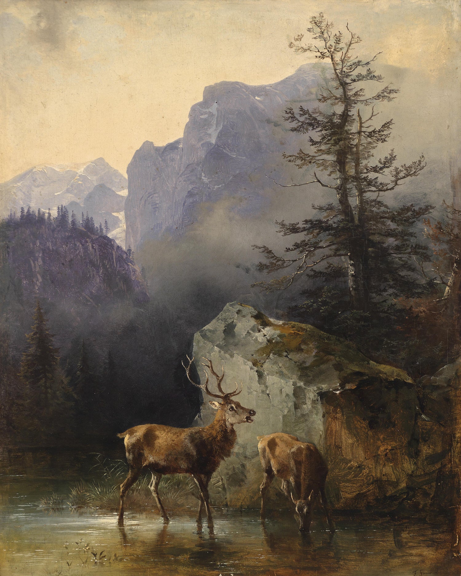 Landscape Oil Painting - Lake Deer Pair: Misty Mountain & Rocky Forest