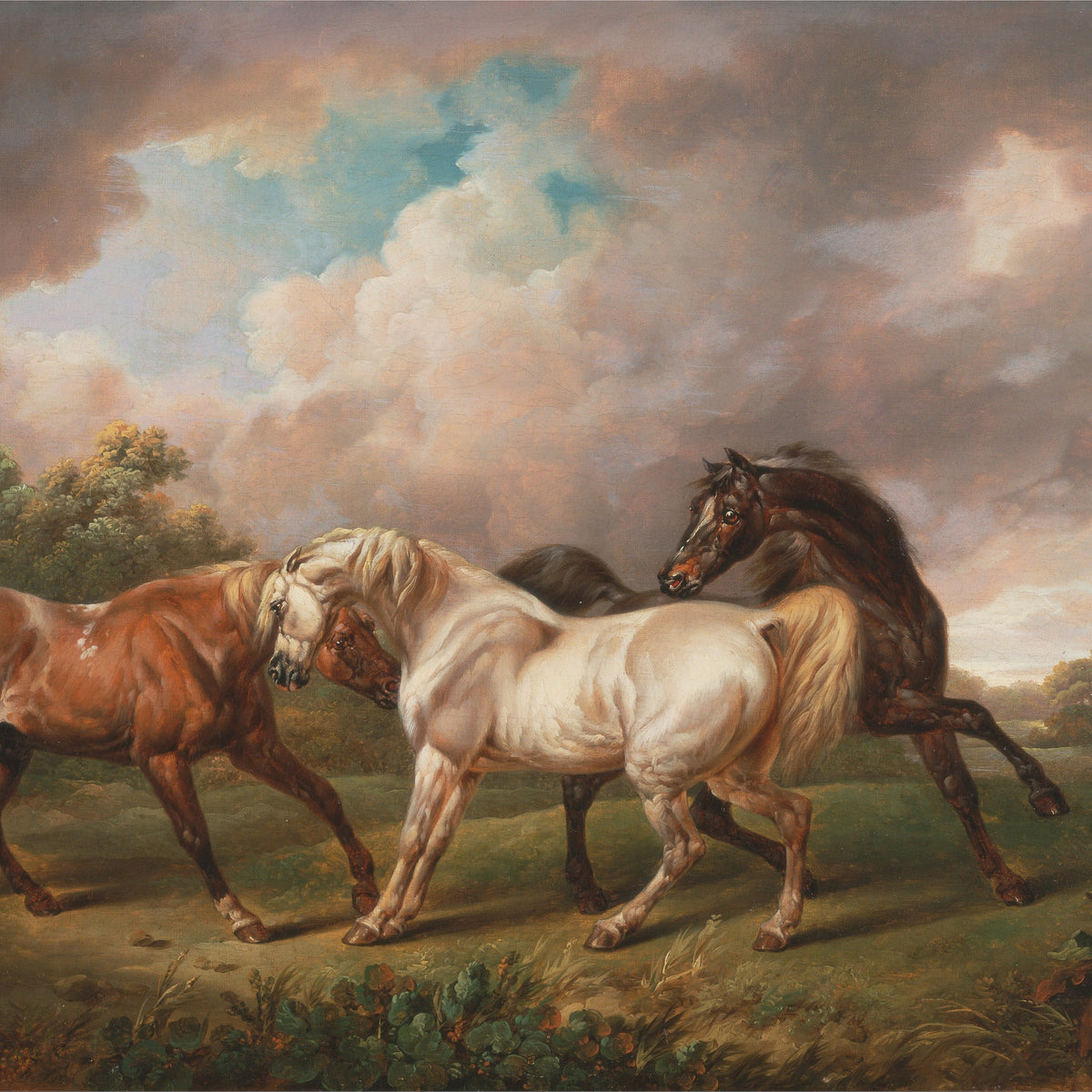 Animals Oil Painting - Three Horses in Motion under Stormy Sky