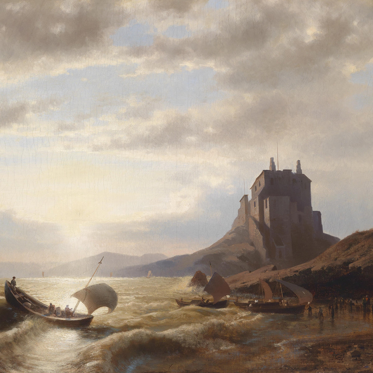 Hand-painted coastal castle and sailboats at sunset landscape oil painting on canvas