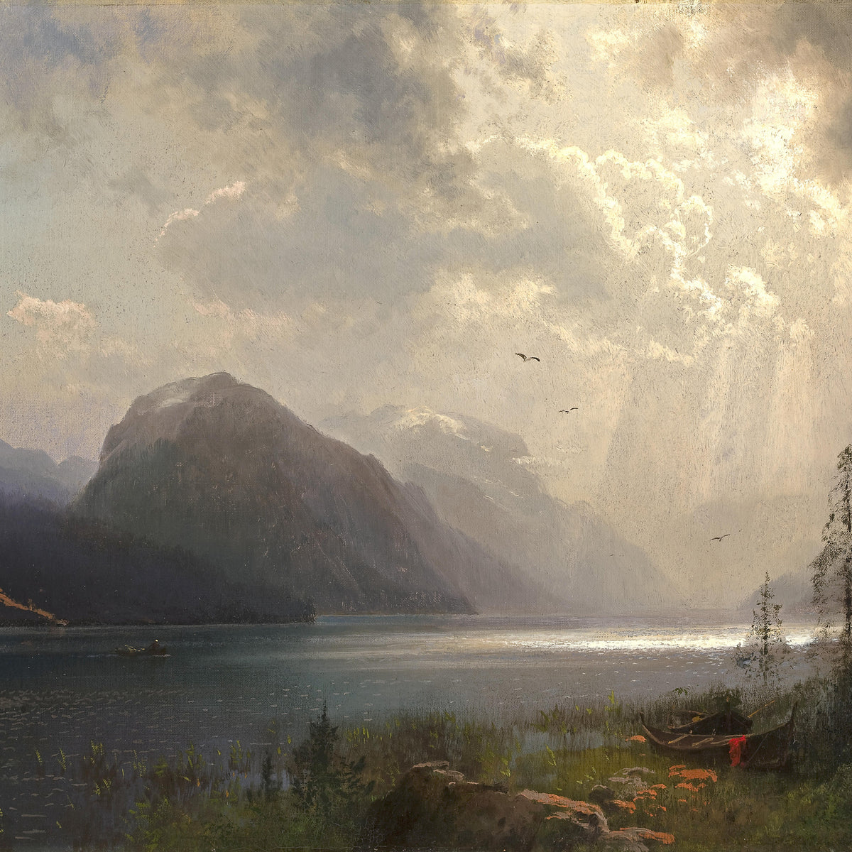 Hand-painted sunlit mountain lake under storm clouds landscape oil painting on canvas