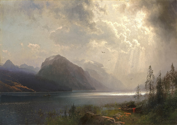 Hand-painted sunlit mountain lake under storm clouds landscape oil painting on canvas