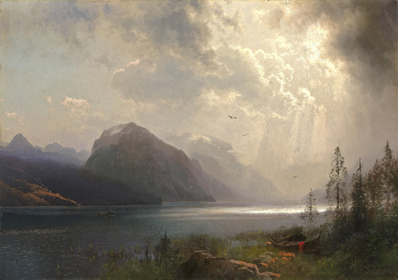 Hand-painted sunlit mountain lake under storm clouds landscape oil painting on canvas