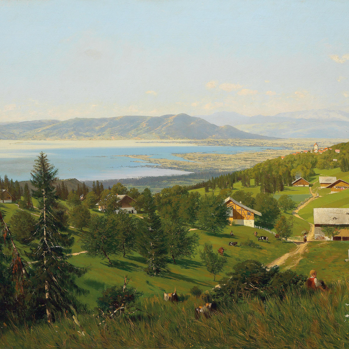 Landscape Oil Painting - Alpine Lake with Farmsteads, Green Slopes