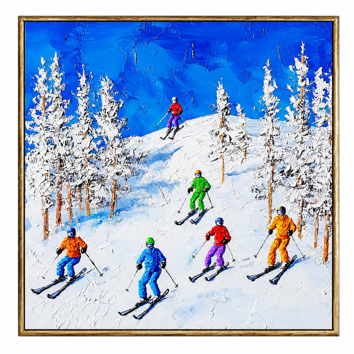 Abstract Oil Painting - Colorful Skiers on Snowy Mountain Canvas