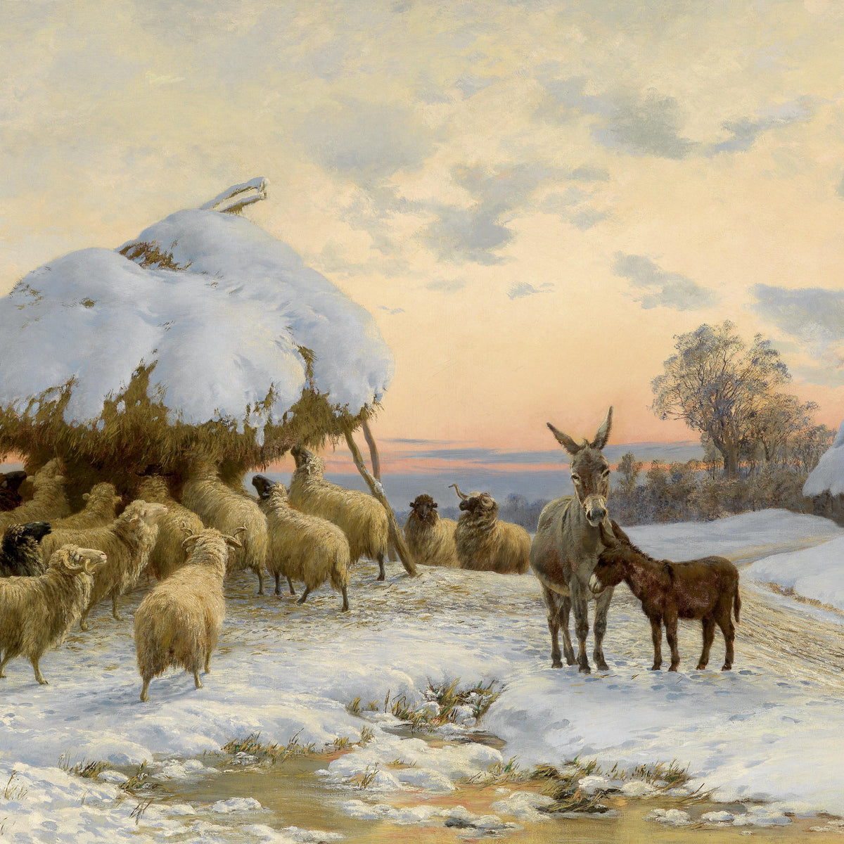 Landscape Oil Painting - Winter Rural, Sheep, Donkeys & Snow Cottages