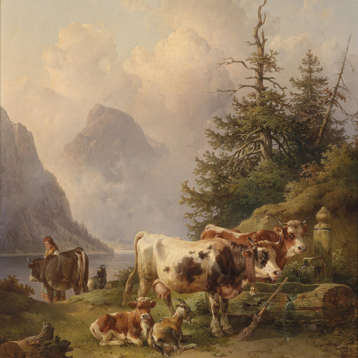 Landscape Oil Painting - Alpine Lake Cattle, Goats, Herder & Mountain