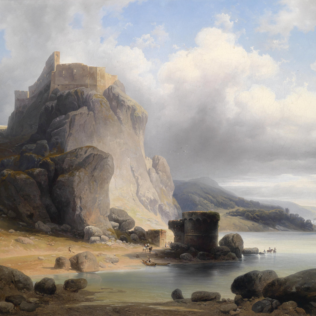 Landscape Oil Painting - Castle on Rocky Cliff & Coastal Scene with Boats