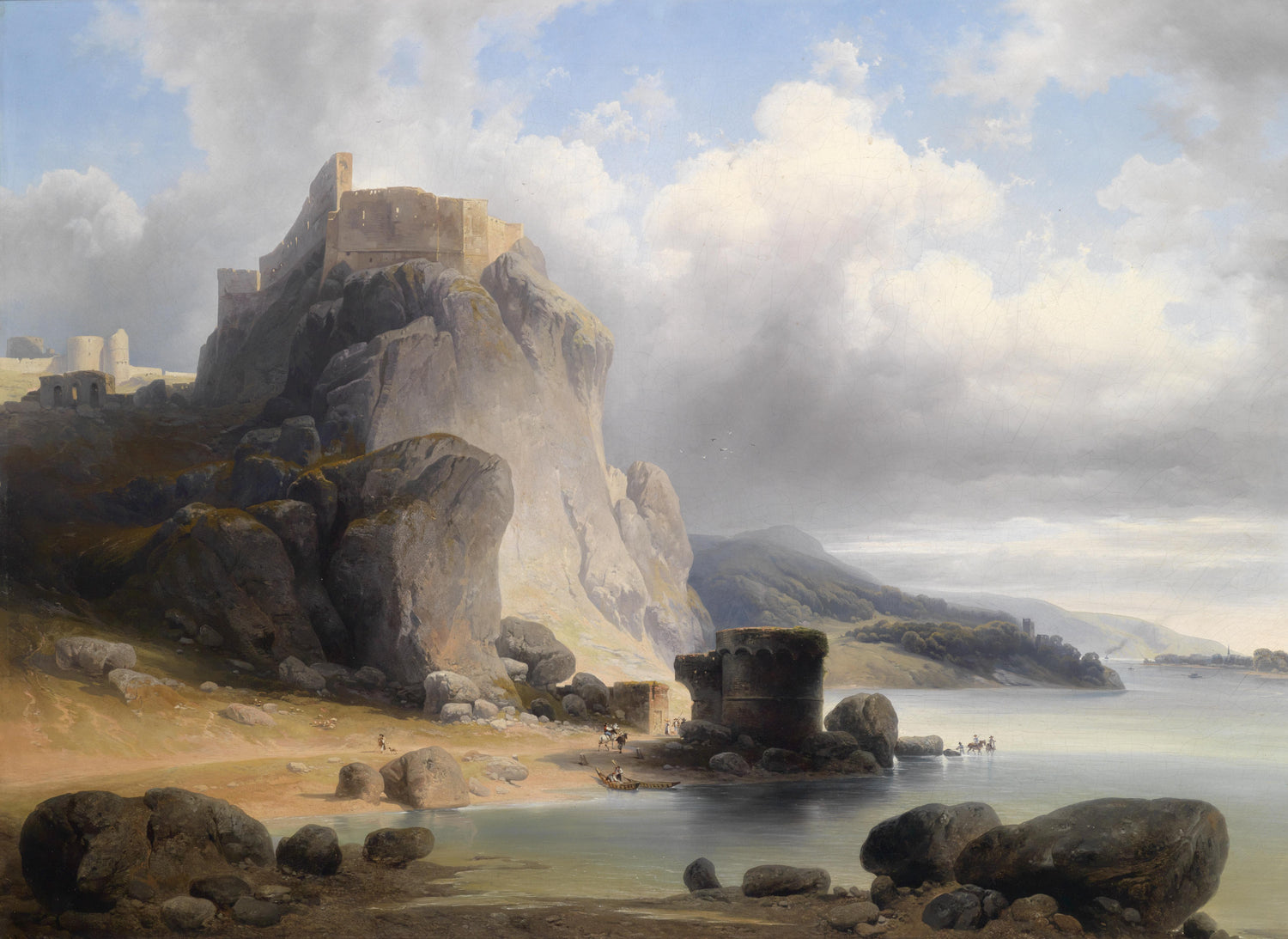 Landscape Oil Painting - Castle on Rocky Cliff & Coastal Scene with Boats