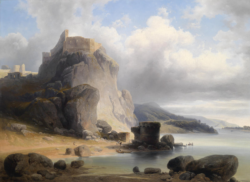 Landscape Oil Painting - Castle on Rocky Cliff & Coastal Scene with Boats
