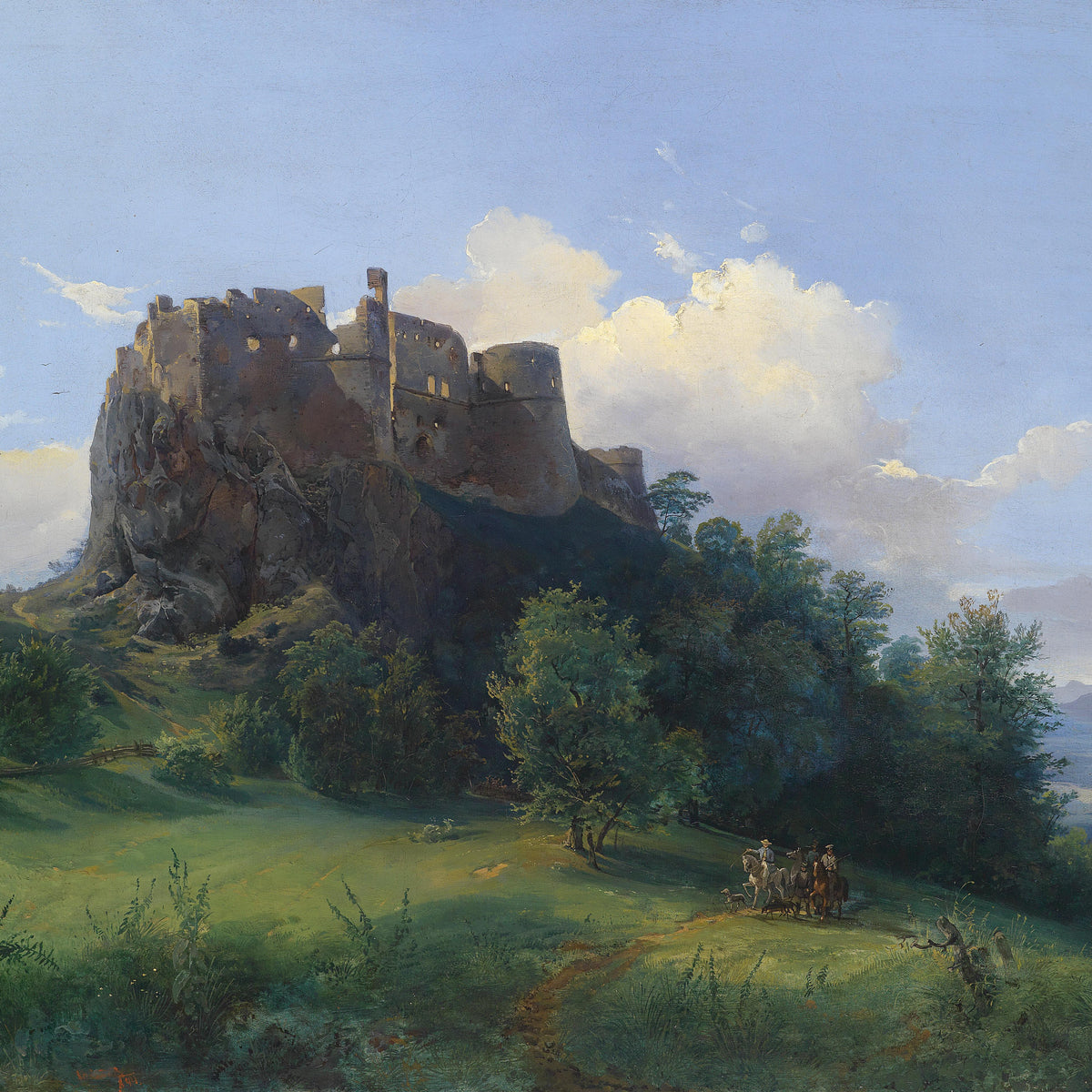 Landscape Oil Painting - Castle Ruin on Rocky Hill, Horsemen in Green