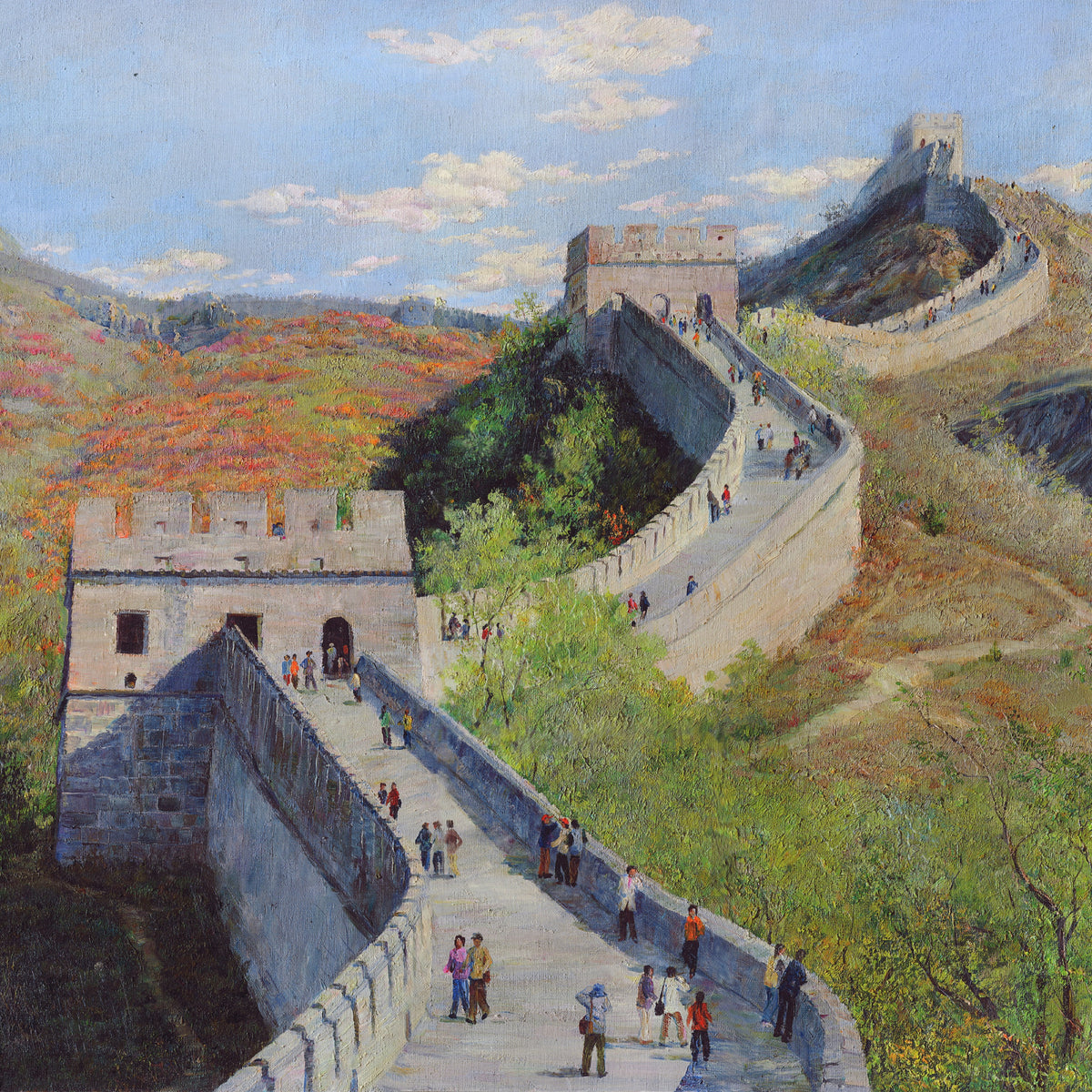 Landscape Oil Painting - Great Wall Autumn, Watchtowers, Tourists