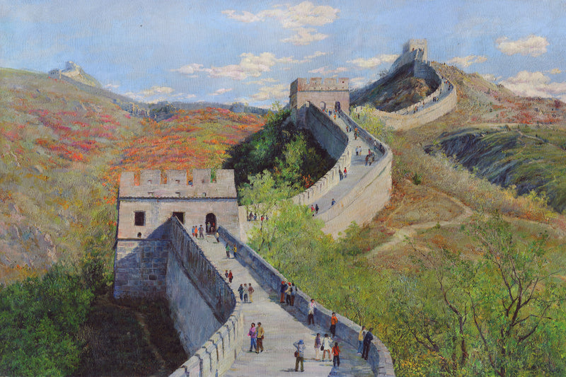 Landscape Oil Painting - Great Wall Autumn, Watchtowers, Tourists
