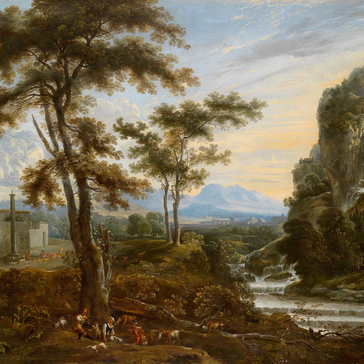 Landscape Oil Painting - Classical, Herders, Stream & Distant Town