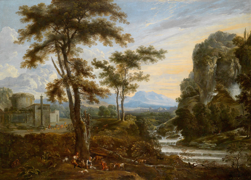 Landscape Oil Painting - Classical, Herders, Stream & Distant Town