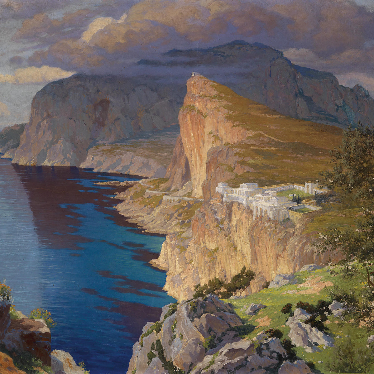 Landscape Oil Painting - Coastal Cliffs & Architecture, Mediterranean Sea