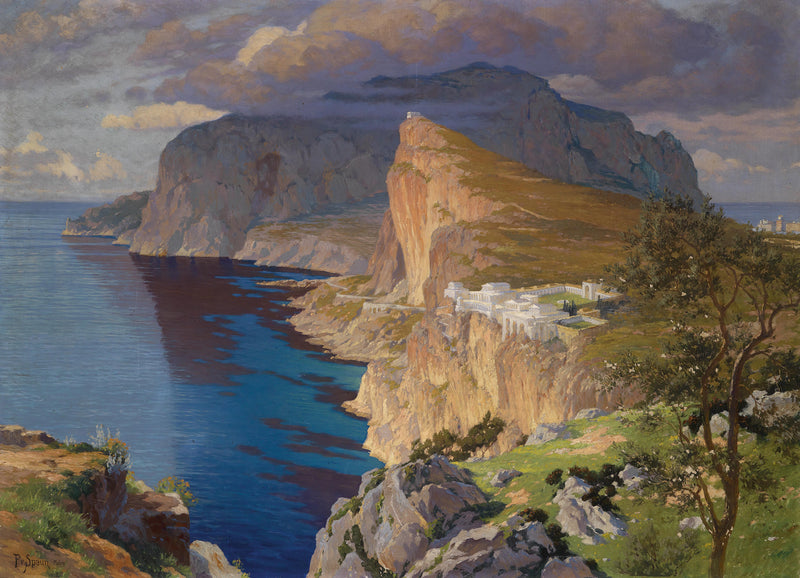 Landscape Oil Painting - Coastal Cliffs & Architecture, Mediterranean Sea