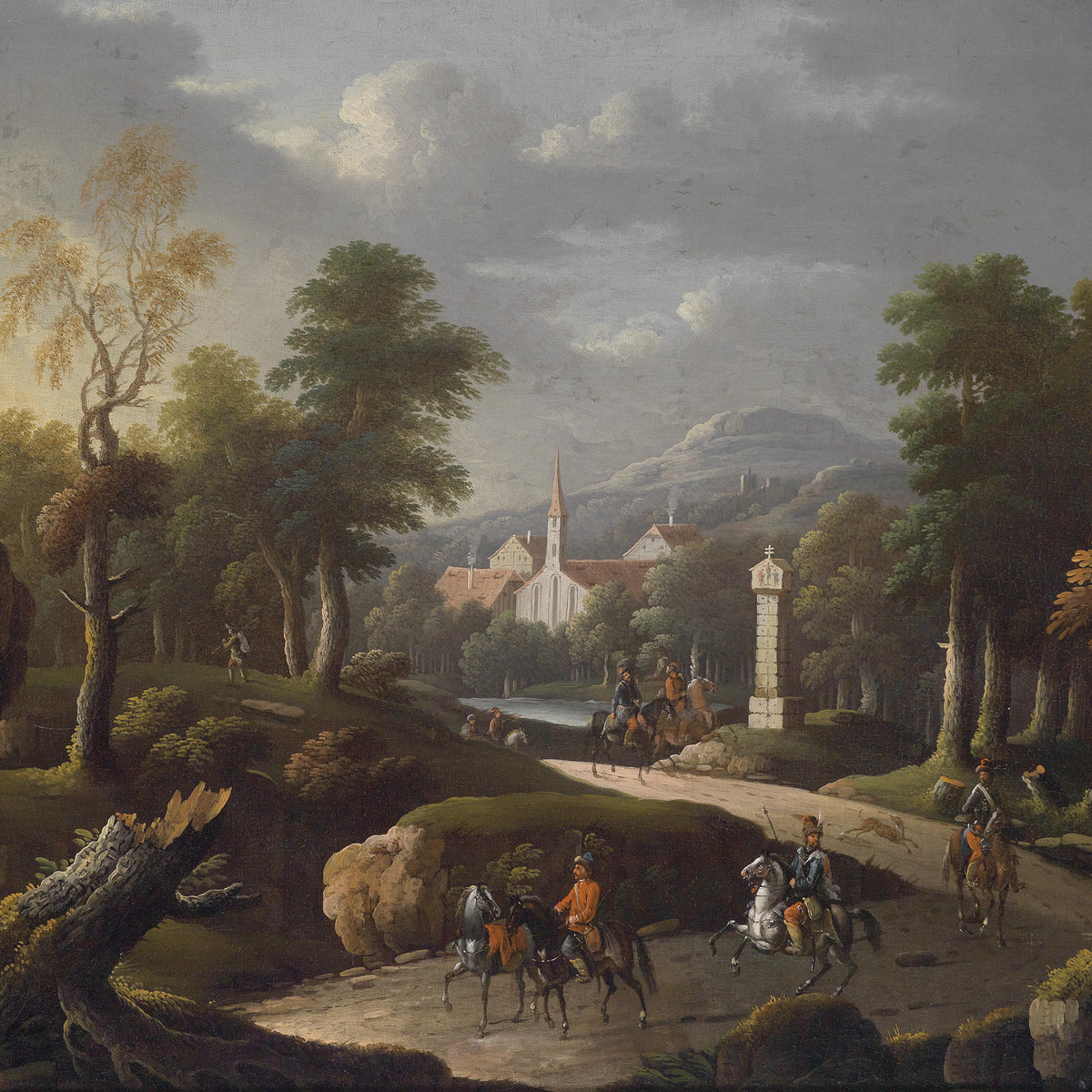 Landscape Oil Painting - Woodland Path & Cavalry: Distant Church Town