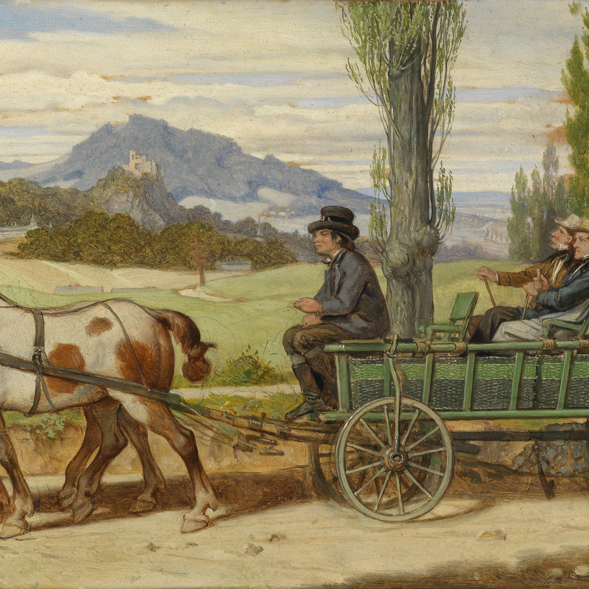 Landscape Oil Painting - Two-Horse Carriage Scene: Figures, Rural