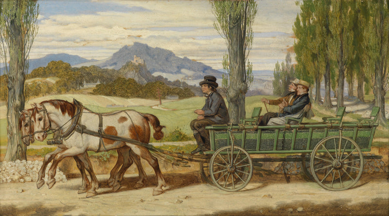 Landscape Oil Painting - Two-Horse Carriage Scene: Figures, Rural