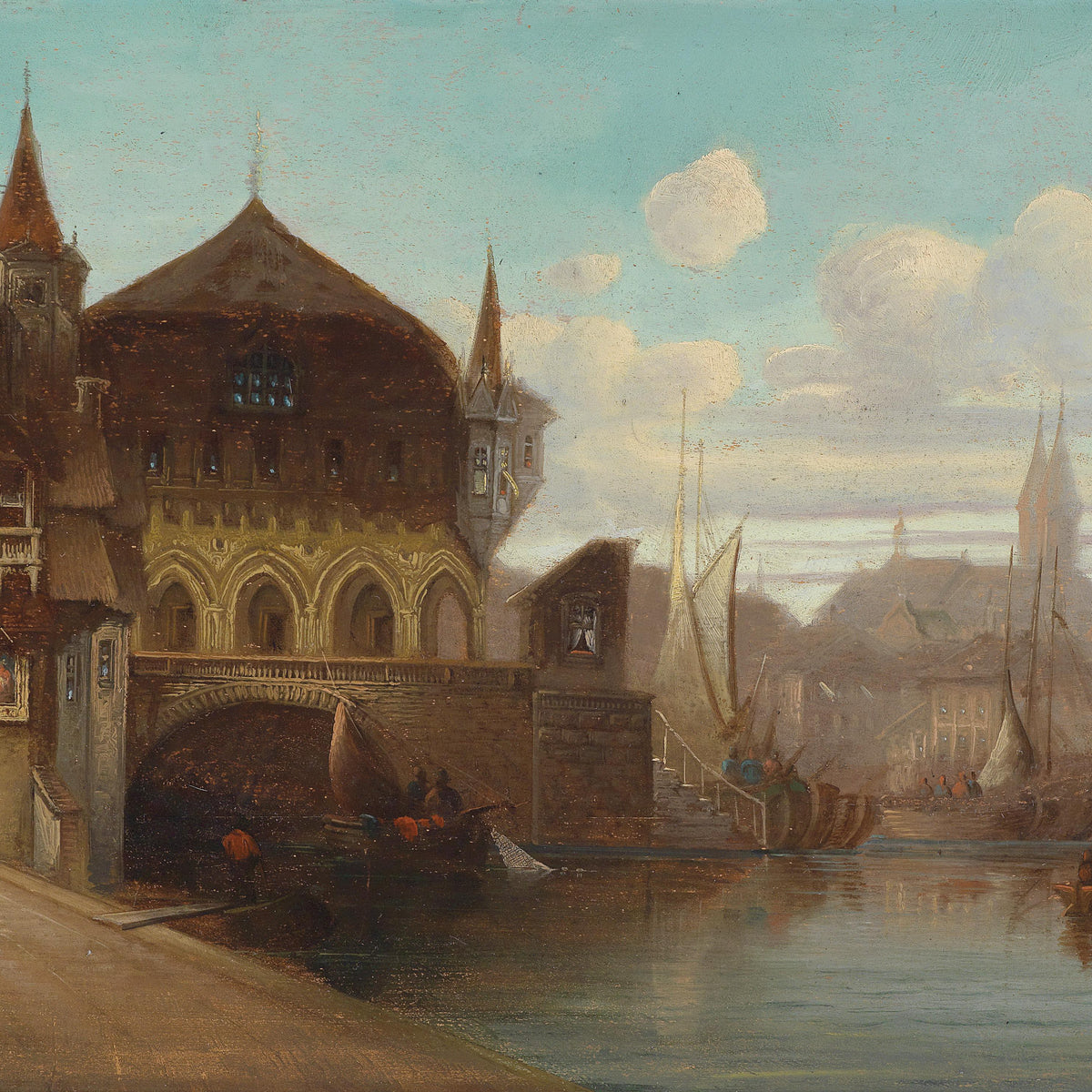 Landscape Oil Painting - Old Harbor City, Historic Buildings, Sailboats