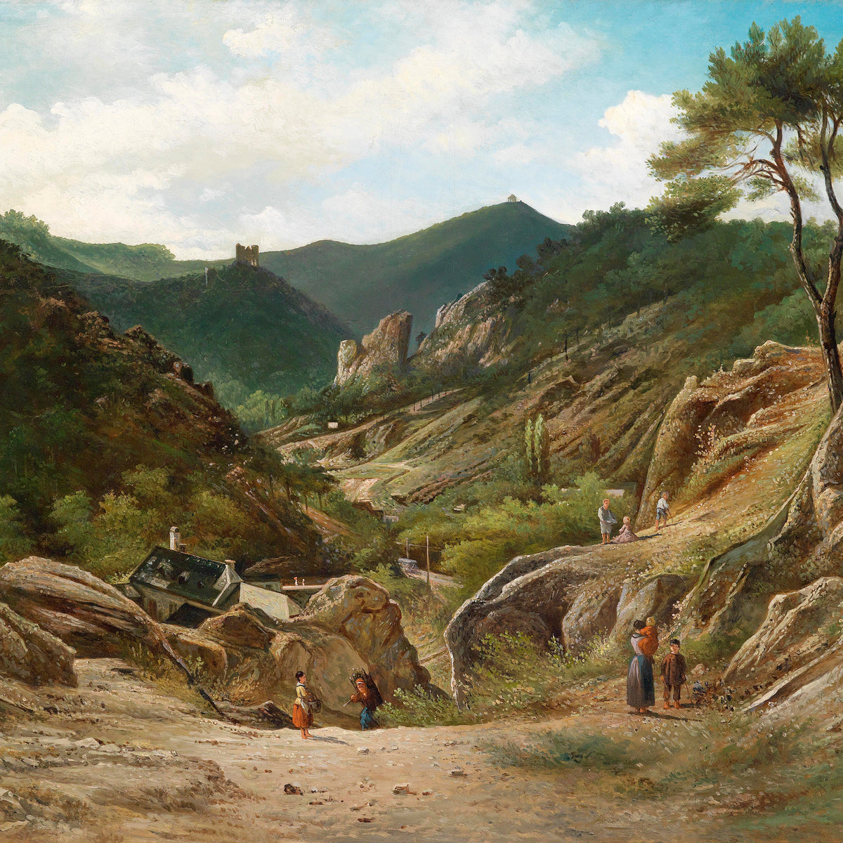 Landscape Oil Painting - Mountain Valley, Rocks, Cottages & Hilltop Castle